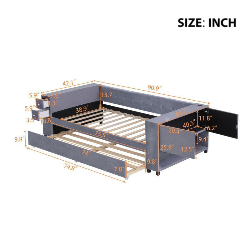 Upholstered Bed With Storage And Twin Trundle, USB Charging Ports