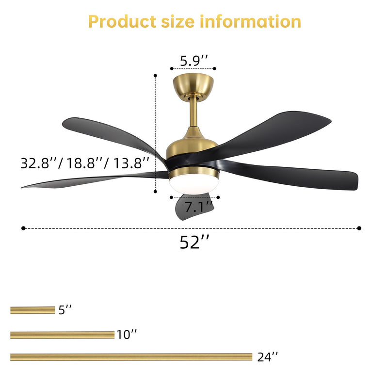 Ceiling Fan With Remote Control, Adjustable Dimmable Lighting & Silent DC Motor - Golden / Matte Black