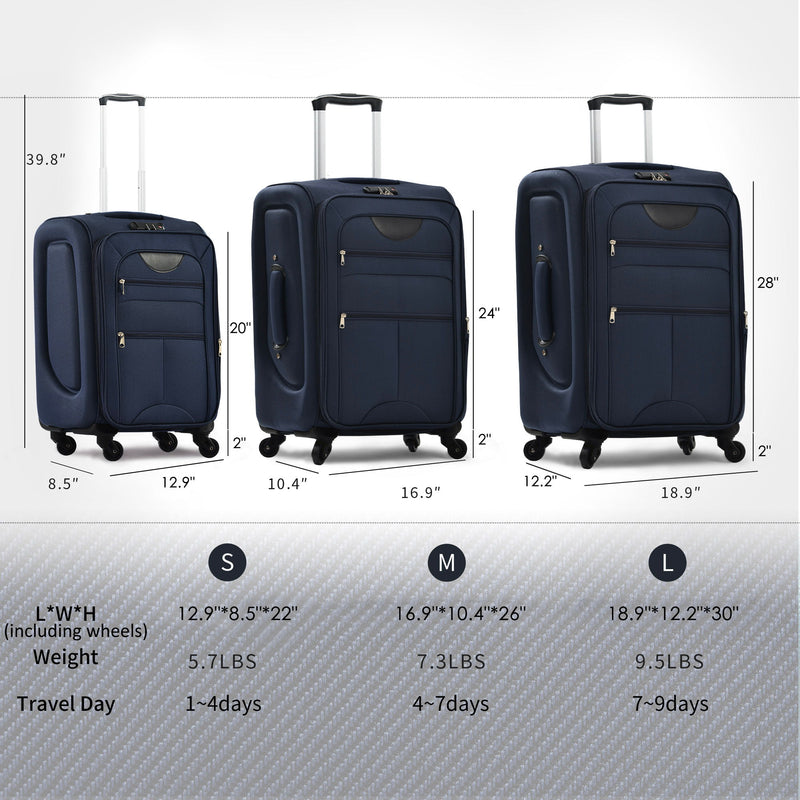 Softside Luggage Expandable 3 Piece Set Suitcase Upright Spinner Softshell Lightweight Luggage Travel Set - Dark Blue