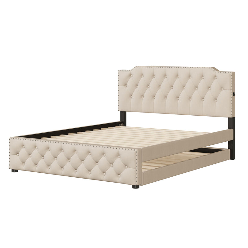 Upholstered Platform Bed With Trundle And 2 Sets Of USB Ports On Each Side, Fabric
