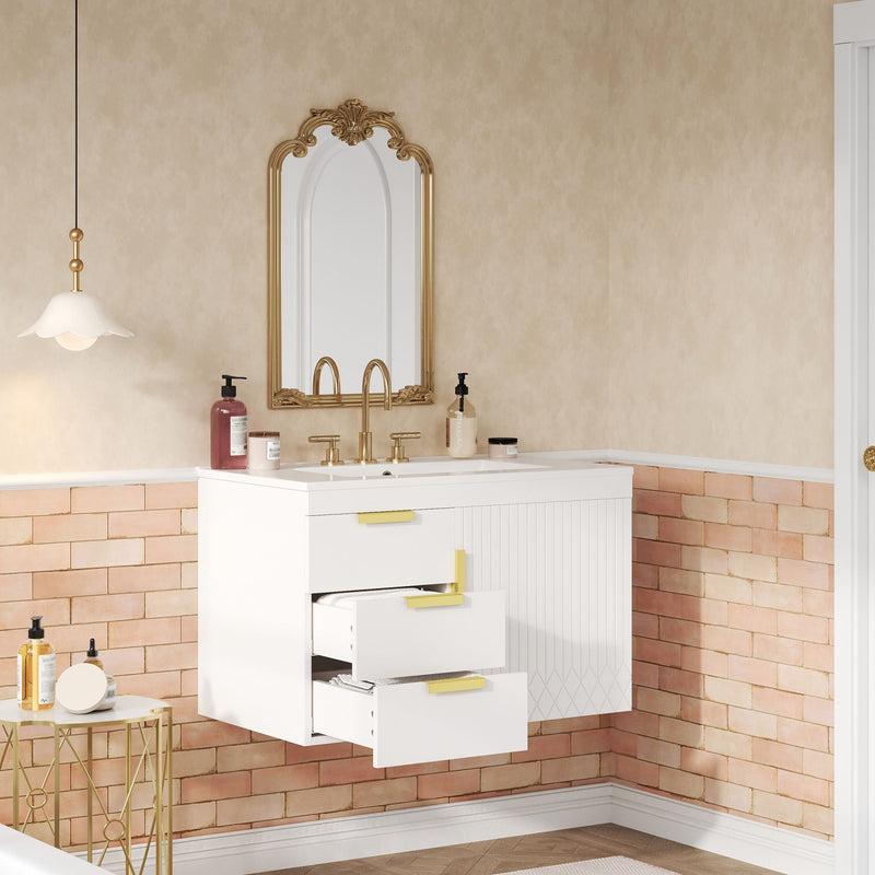 Modern Wall Mounted Bathroom Cabinet With Ceramic Sink, Soft-Closing Drawer And Door