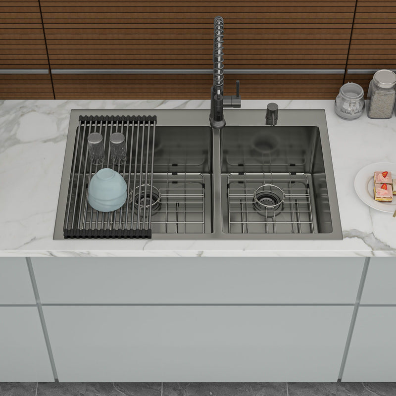 Double Bowl Drop In Sink With 2 - 9" Deep Basins - Gunmetal Black