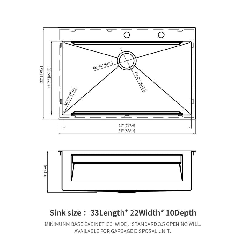 33" Drop In Kitchen Sink Single Bowl 16 Gauge Stainless Steel Ledge Workstation - Black