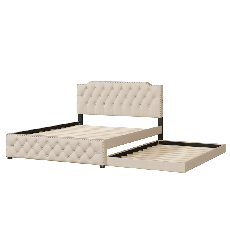 Upholstered Platform Bed With Trundle And 2 Sets Of USB Ports On Each Side, Fabric