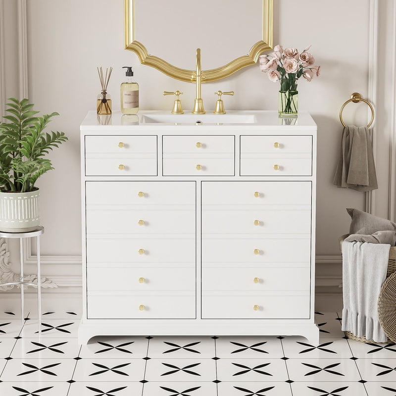 Retro Bathroom Vanity With Sink, Storage Cabinet, Freestanding With 2 Drawers & Soft-Closing Doors