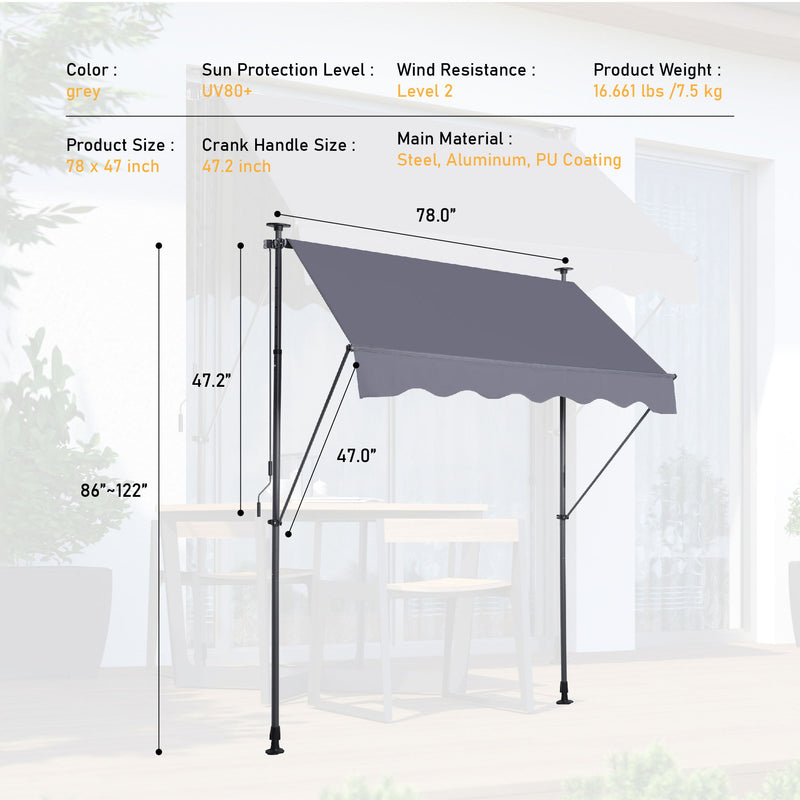 Manual Retractable Patio Awning, UV Resistant Sun Shade With No Drill Installation