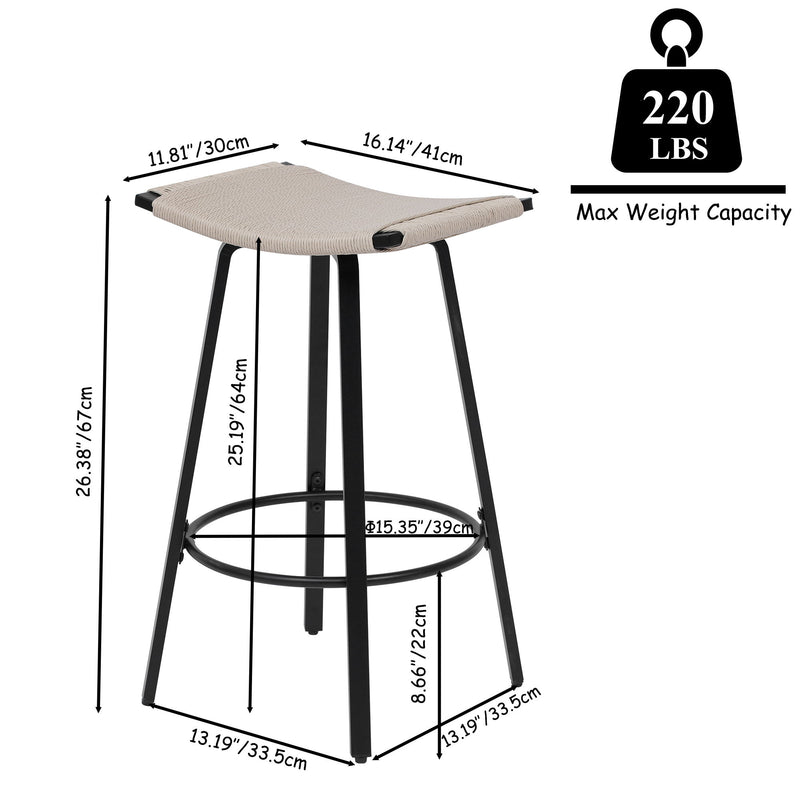 Counter Height Bar Stools Backless Handwoven Kitchen Dining Chairs With Round Footrest (Set of 2) Weaving Pub Stoo - Creamy White