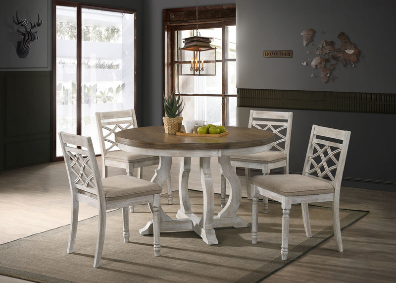 Havanna - 5 Piece Wide Round Dining Table With Off White Chairs (Set of 5) - Vintage Walnut