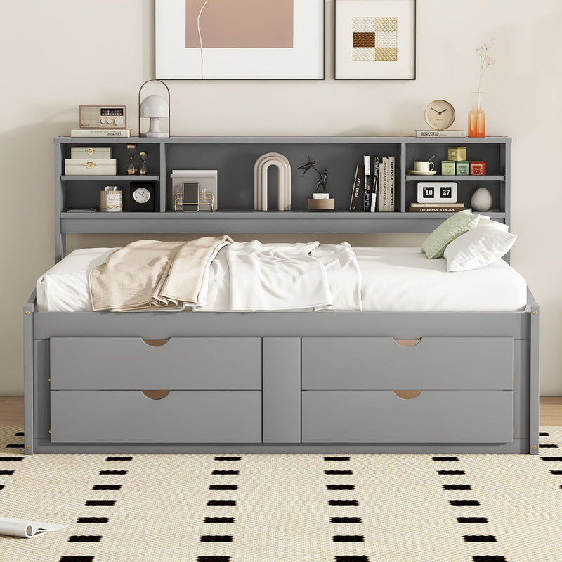 Daybed With 2 Bedside Cabinets, Upper Shelves And 4 Drawers