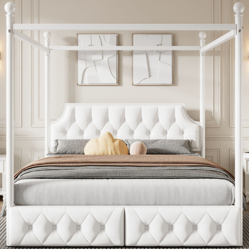 Queen Size Canopy Platform Bed With Upholstered Headboard And 2 Storage Drawers - White