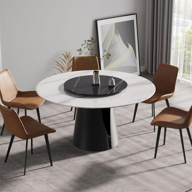 Modern Artificial Stone Round Carbon Steel Base Dining Table, Can Accommodate 6 People, Artificial Stone Turntable