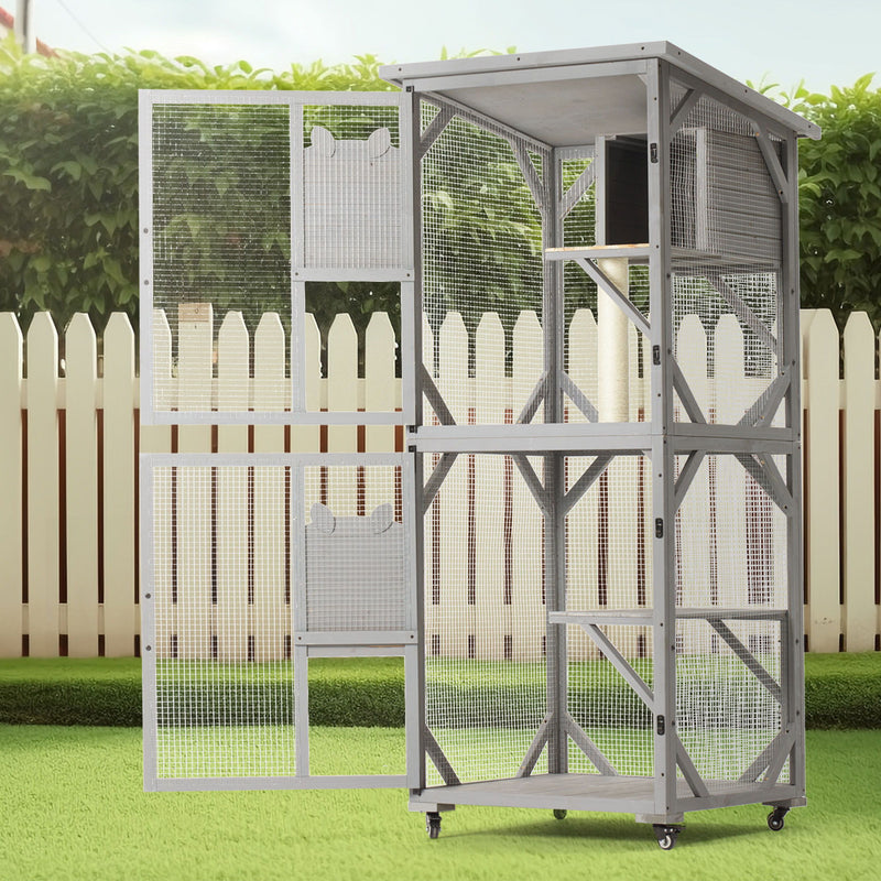 Large Cat House Outdoor Catio Cat Enclosures On Wheels, Kitty House With Upgraded Resting Box Waterproof Roof - Gray