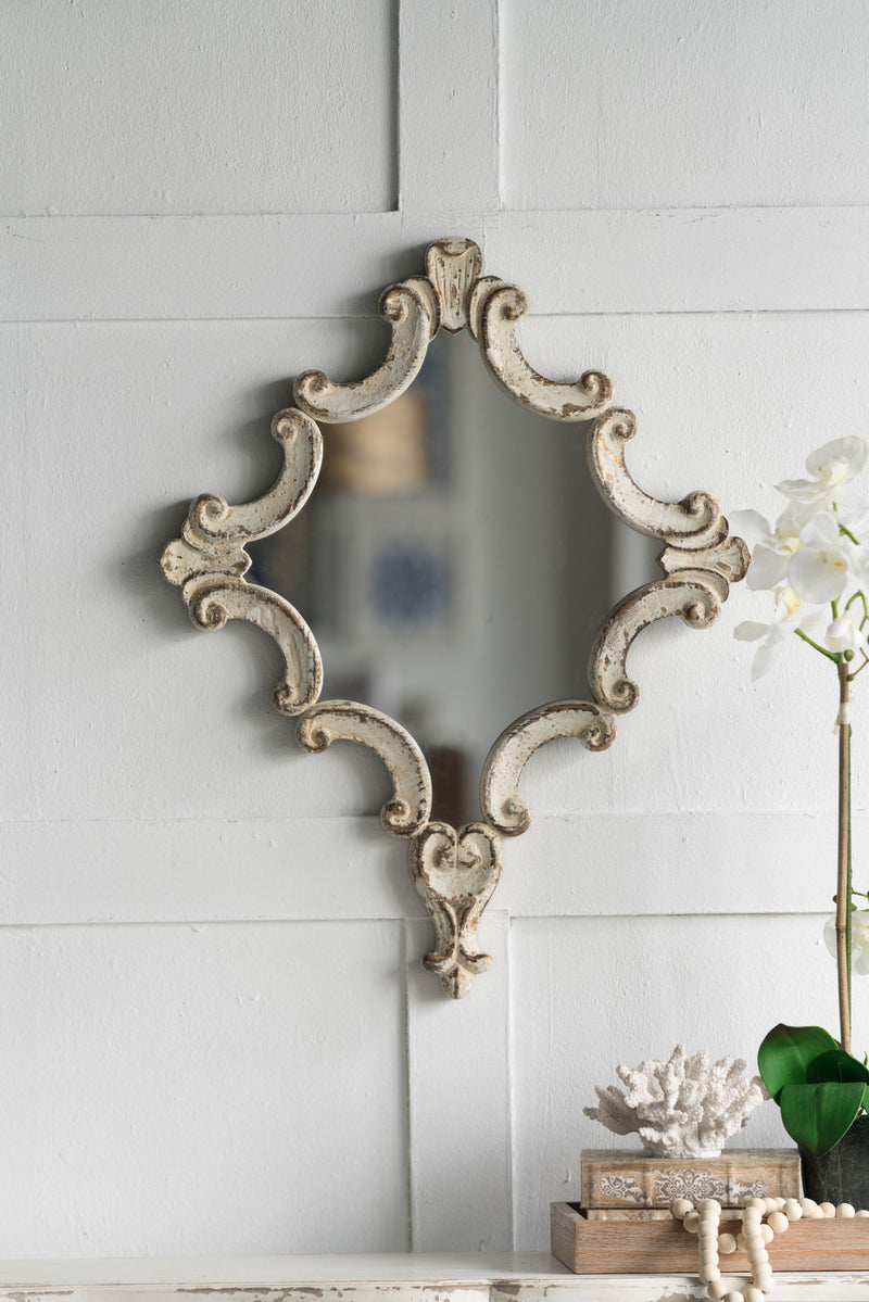 Artistic Diamond Scrollwork Mirror, Home Accent Mirror For Living Room, Entryway, Bedroom, Office - Antique White