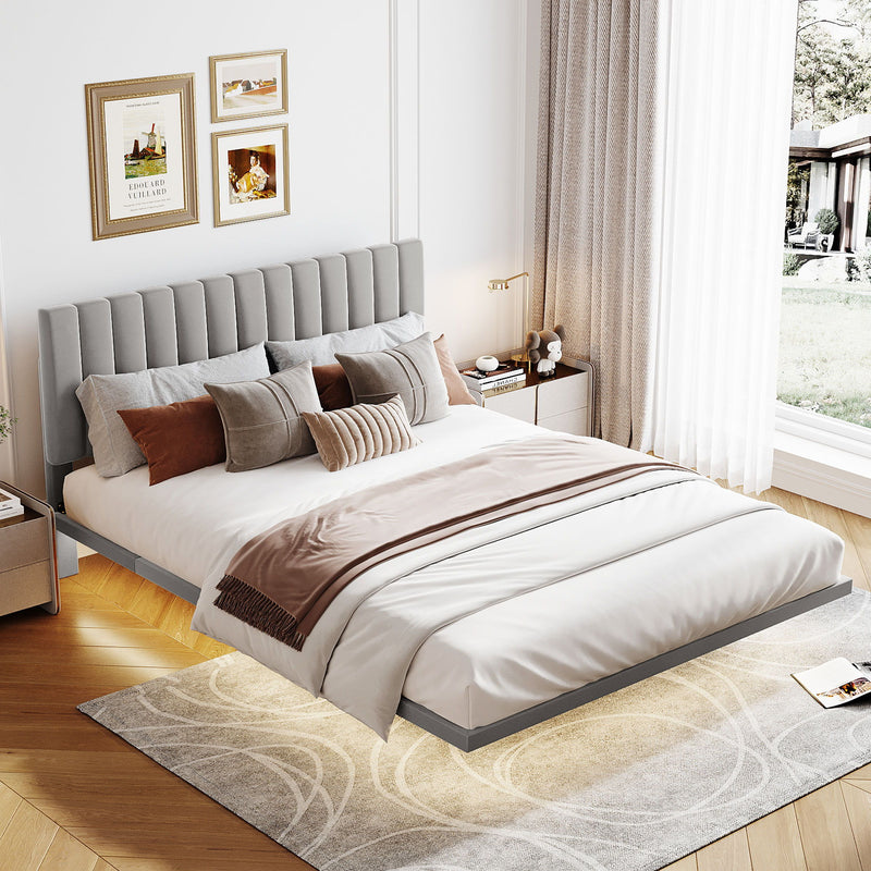 Upholstered Bed With Sensor Light And Headboard, Floating Platform Bed