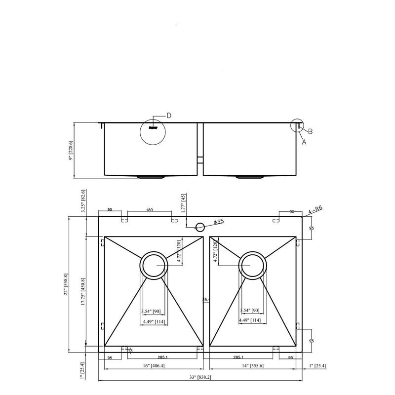 Double Bowl Drop In Sink With 2 - 9" Deep Basins - Gunmetal Black