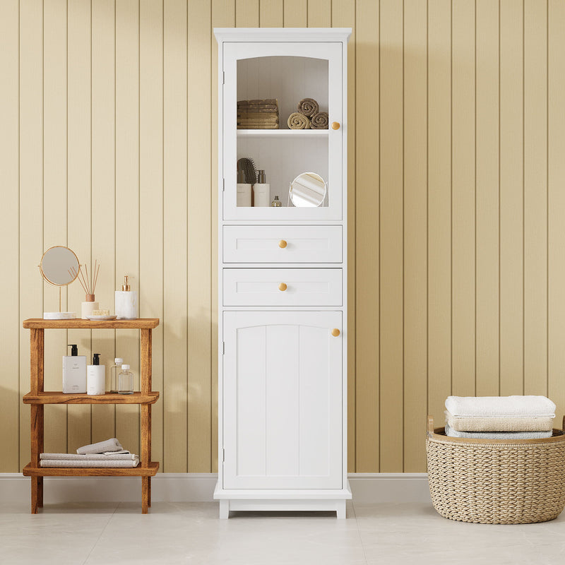 Tall Bathroom Storage Cabinet With Glass Doors, Free-Standing, Two Drawers, And Adjustable Shelves, Board, Painted Perfect For Displaying Your Favorite Items
