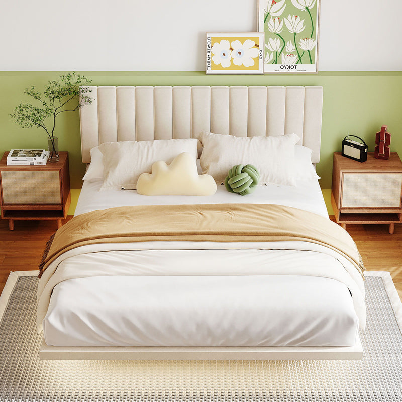 Upholstered Bed With Sensor Light And Headboard, Floating Platform Bed