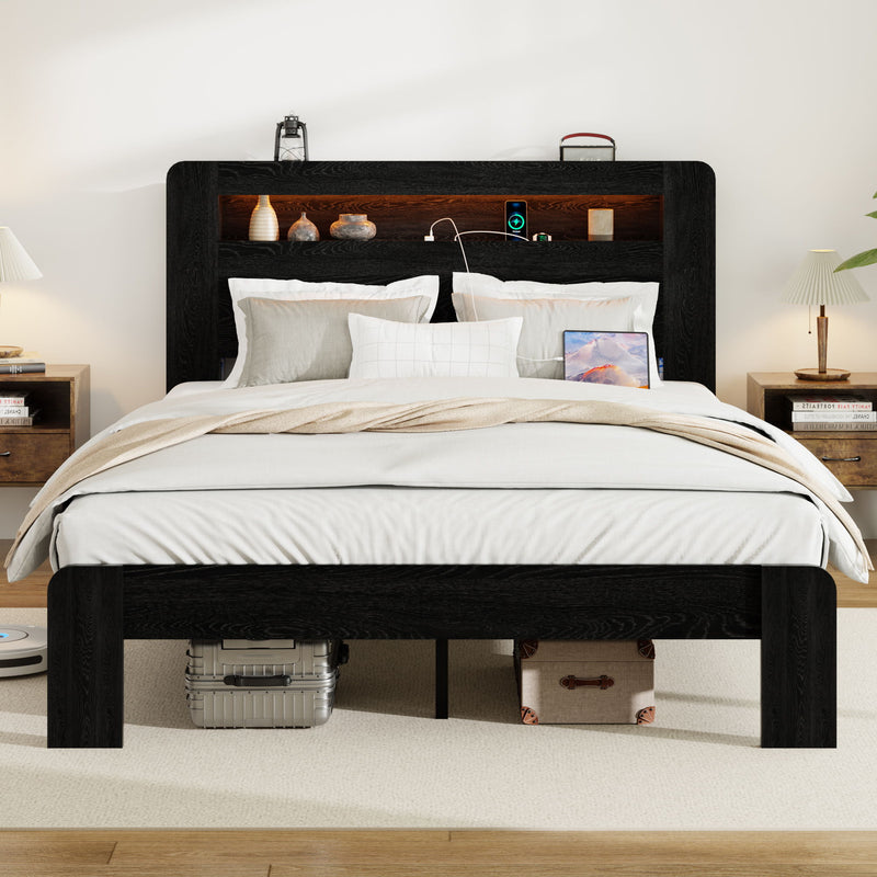 Wood Platform Bed Frame With Storage LED Light Headboard & USB