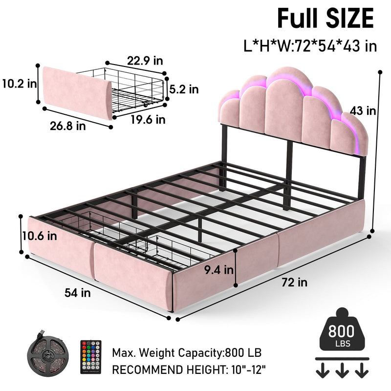 Full RGB LED Upholstered Platform Bed With Petal Headboard And Storage Drawers For Kids Bedroom - Pink