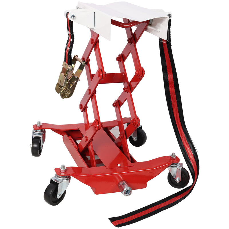 Heavy Duty Low Lift Transmission Jack With Nylon Safety Strap For Small Vehicles - Red