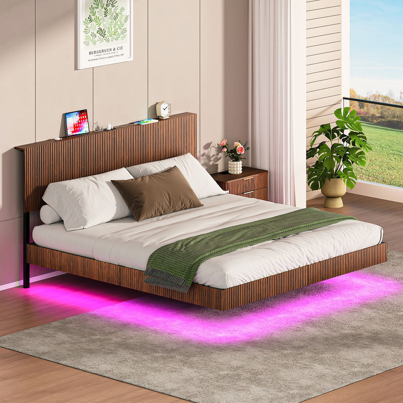 Floating Bedstead With Charging Station And LED Lights