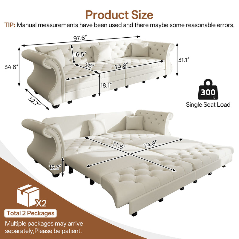 Oversized Chesterfield Pull Out Sofa Bed, Roll Arm Couch With Flower Tufting For Living Room