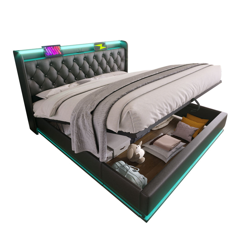 Upholstered Bed, 360 Surround LED Function, Remote Control, Hydraulic Storage Bed With USB, Type-C Charging (Without Mattress)