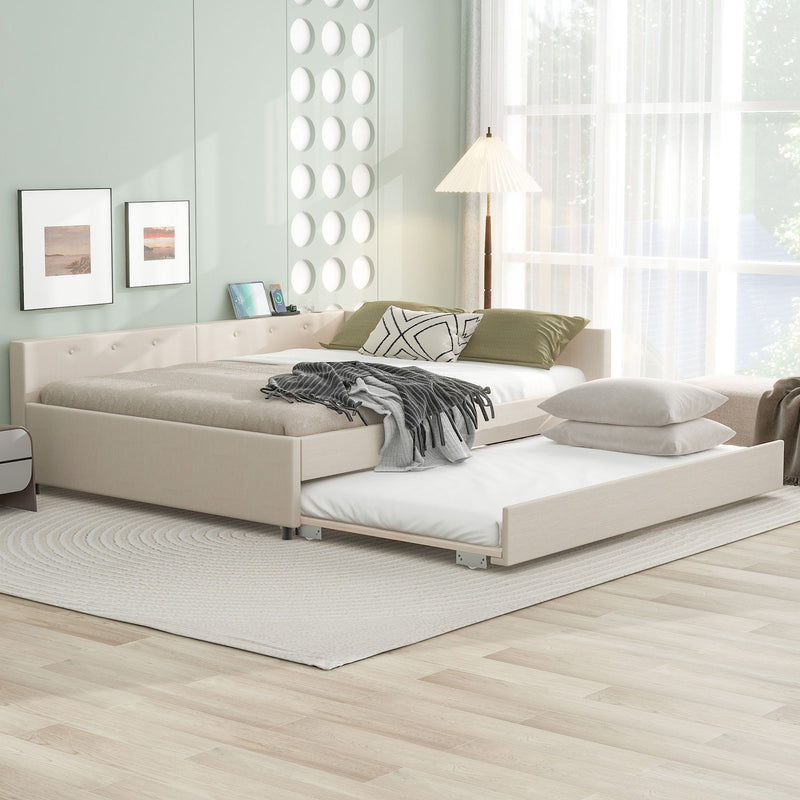 Queen Size Upholstered Platform Bed With USB And Twin Trundle - Beige
