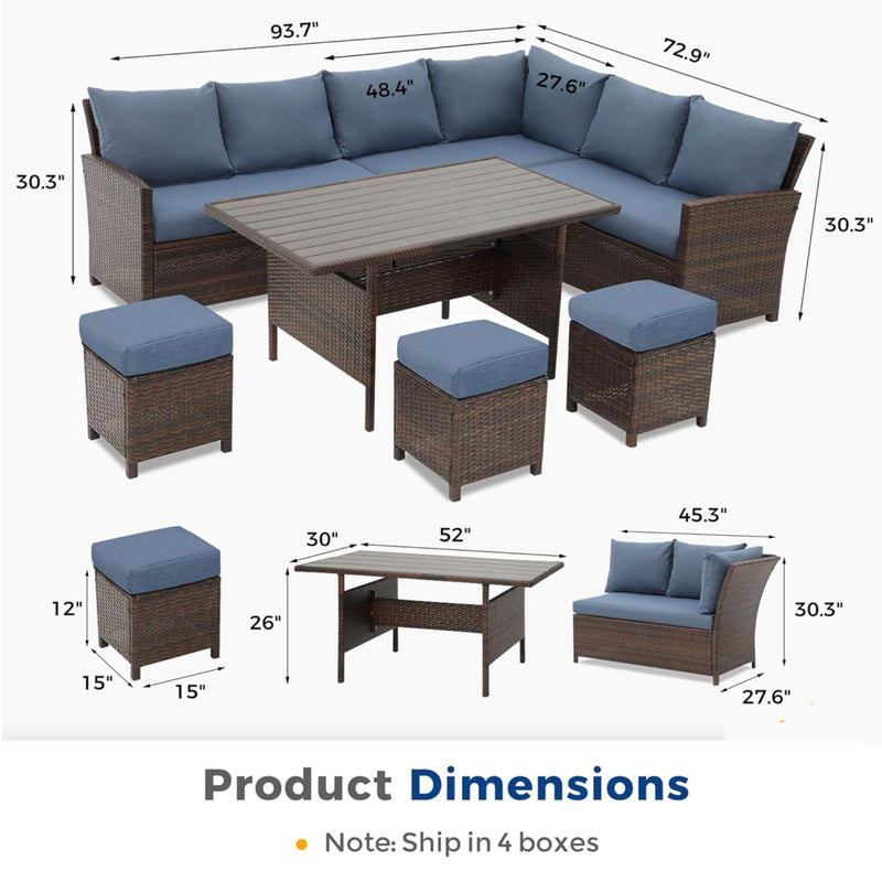 7 Piece Patio Dining Set With Cushions, Modular Sectional Sofa & Storage Table