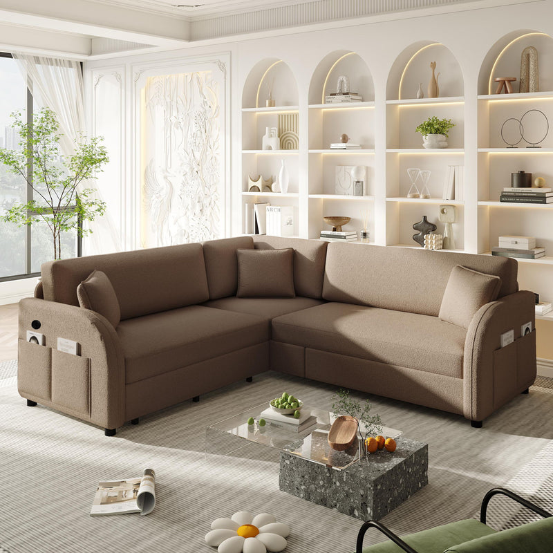 L-Shaped Couch With Pull-Out Bed, Oversize Convertible Sleeper Sofa With Side Pocket & USB Port
