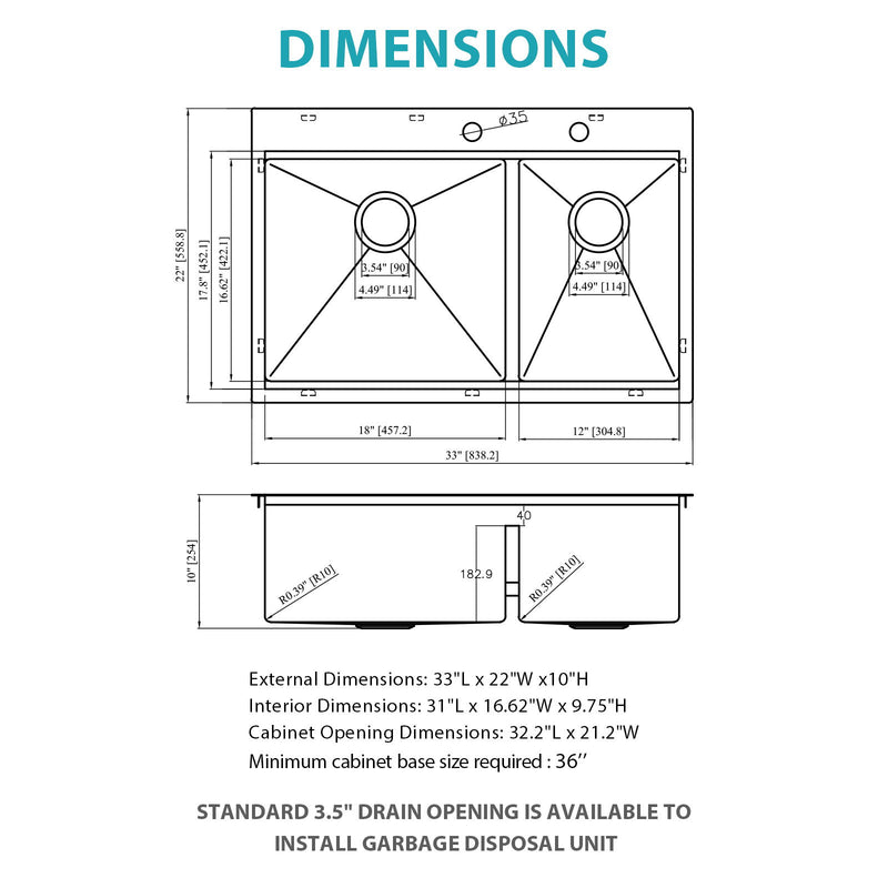 Topmount, Drop In Double Bowl Kitchen Sink