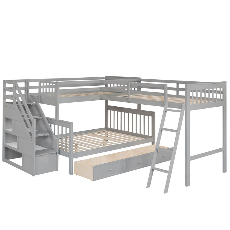 Solid L Shaped Bunk Bed With 3 Drawers, Ladder And Staircase