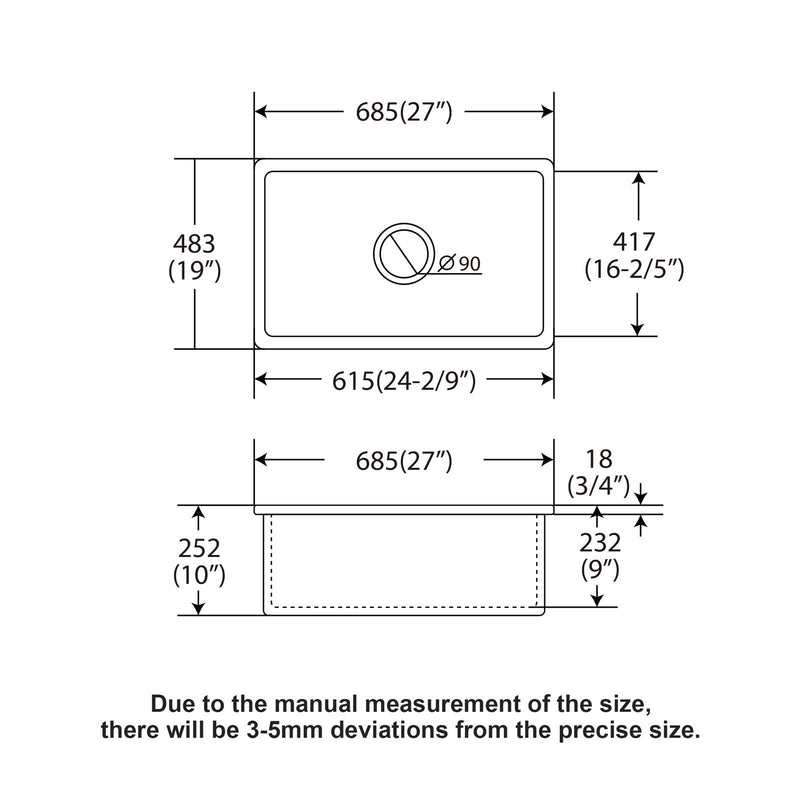 Undermount Single Bowl Ceramic Kitchen Sink, Dual Mount