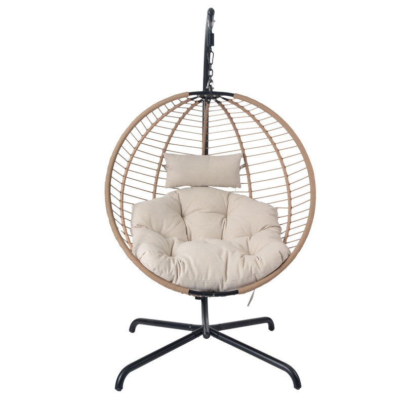 Sora - Outdoor Patio Wicker Hanging Chair With Stand - Beige / Brown
