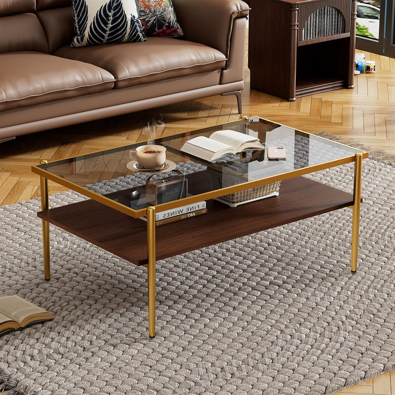 Rectangle Coffee Table With Tempered Glass Top And Legs, Modern Table For Living Room