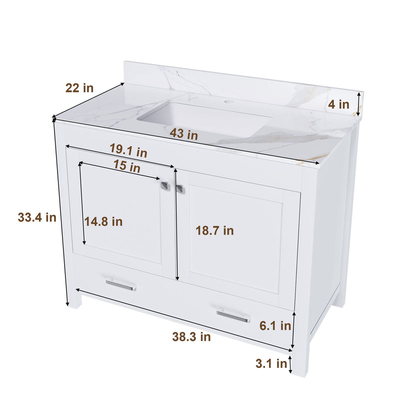 43" Bathroom Vanity, Multi Functional Cabinet, Doors And Drawer - White