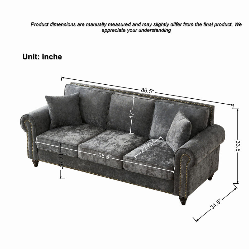 3 Seater Sofa With Tufted Upholstery, Rolled Arms, Nailhead Trim