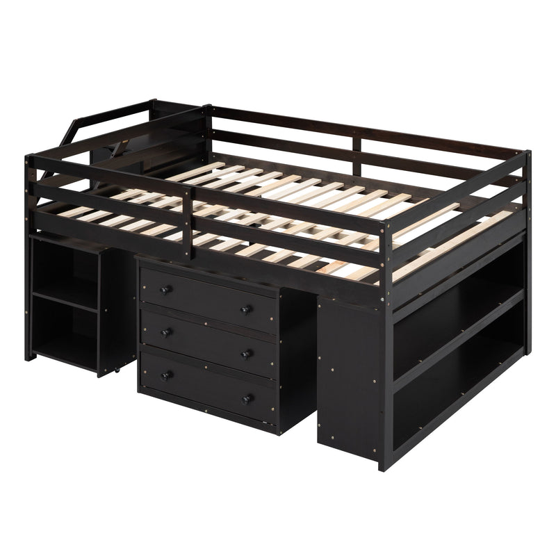 Loft Bed With Retractable Writing Desk And 3 Drawers With Storage Stairs And Shelves