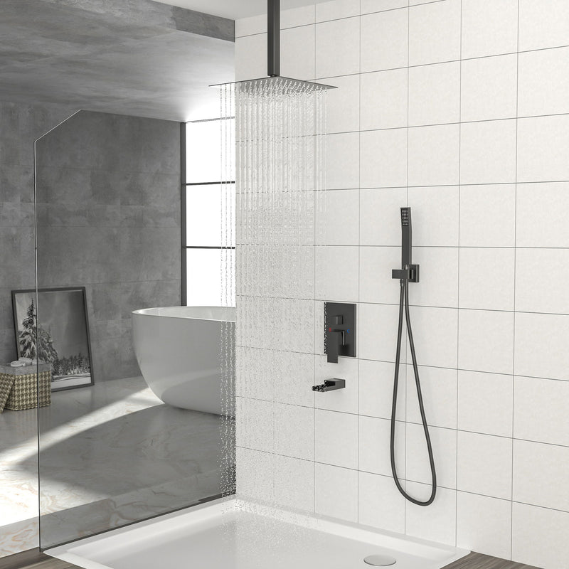 16" Ceiling Mount Square Shower System With Waterfall Tub Spout And Rough In Valve