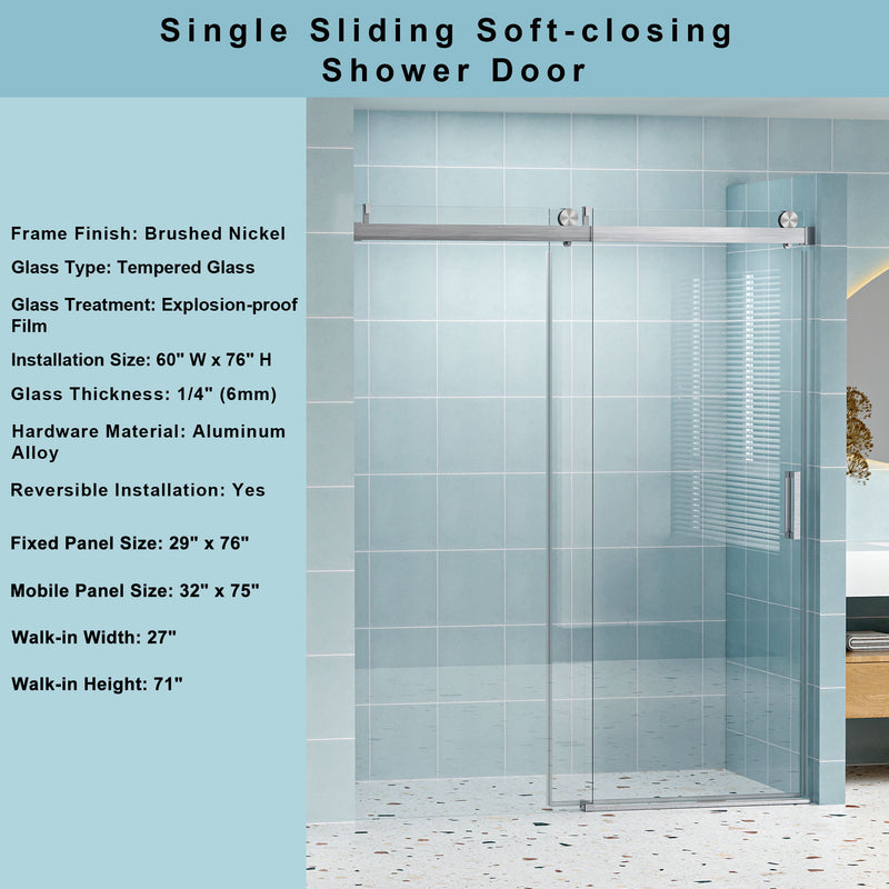 Frameless Soft-Closing Shower Door, 1/4" (6 Mm) Tempered Glass Single Sliding With Explosion Proof Coating