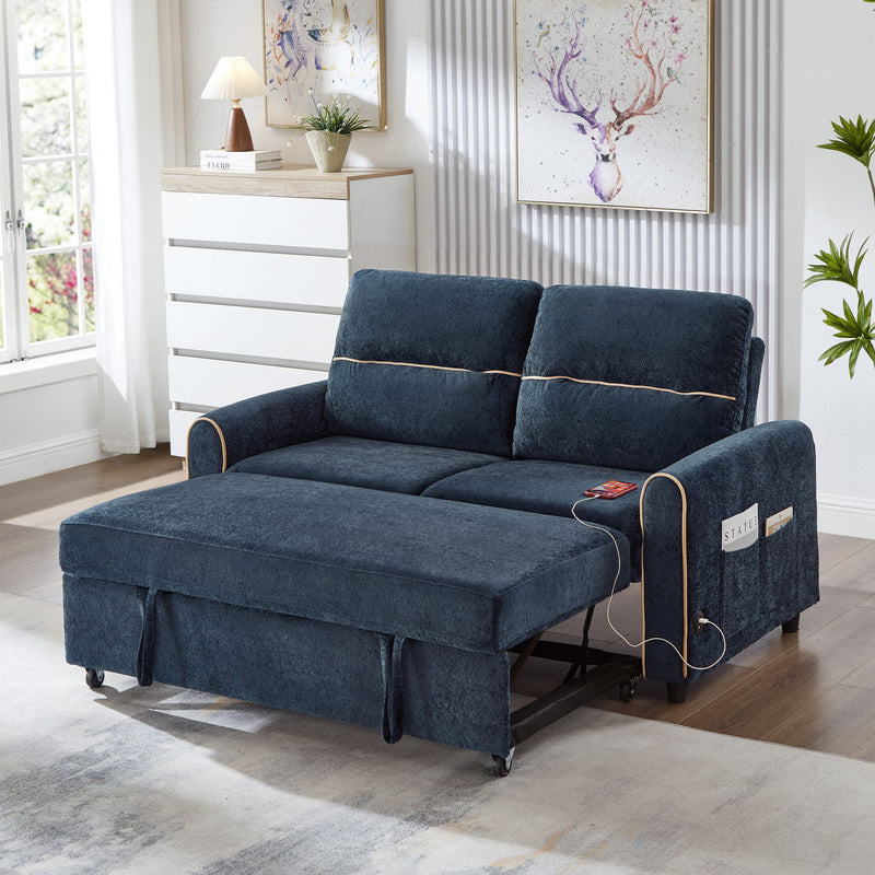 Pull Out Sofa Bed With Adjustable 3 Position Backrest, USB Charging Ports, Side Pockets