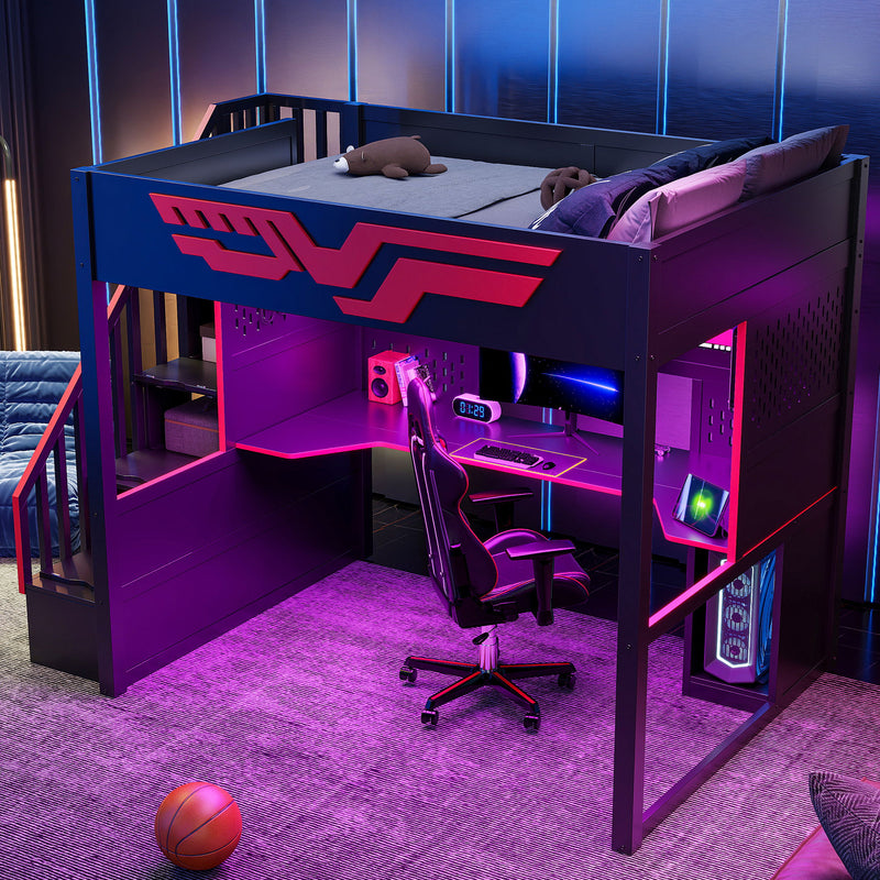 Full Gaming Loft Bed With Desk And Storage Staircase, LED Lights And USB - Red / Black