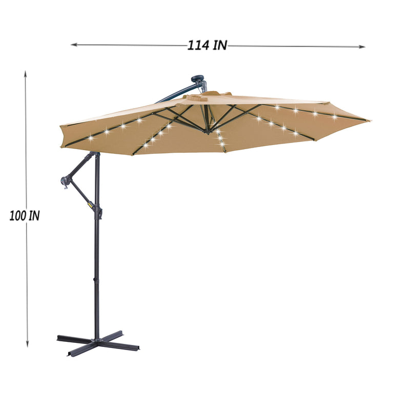Outdoor Cantilever Patio Umbrella With 32 LED Lights 10 Ft Hanging Design Easy Open Adjustment Metal Frame - Taupe