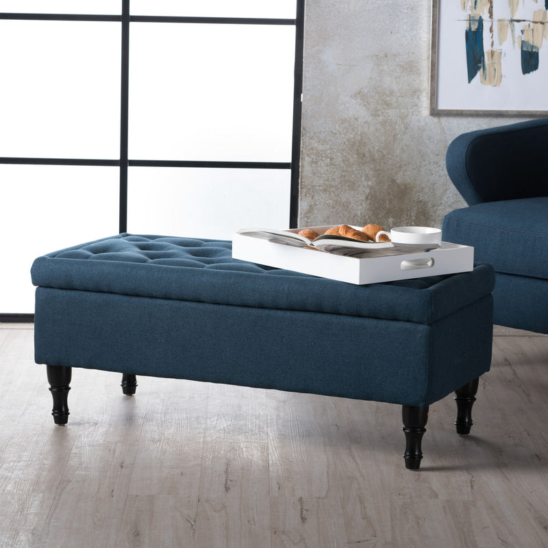 Hyatt - Suede Storage Ottoman With Tufted Top And Dark Wooden Legs - Navy Blue