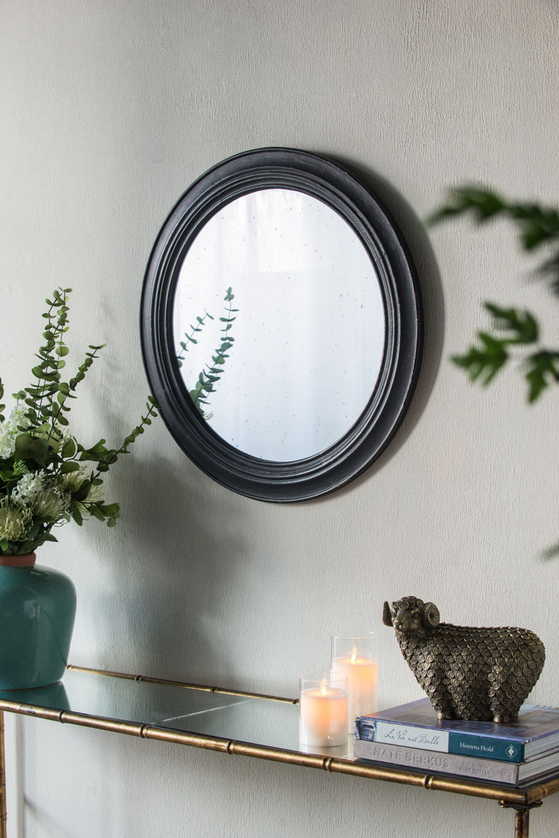 Circle Wall Mirror With Wooden Frame, Antique Classic Accent Mirror, For Living Room - Black