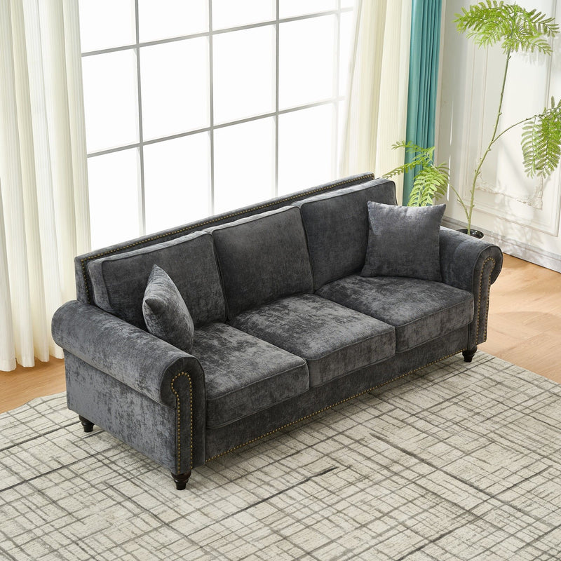 3 Seater Sofa With Tufted Upholstery, Rolled Arms, Nailhead Trim