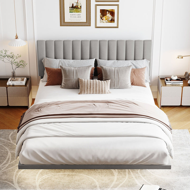Upholstered Bed With Sensor Light And Headboard, Floating Platform Bed