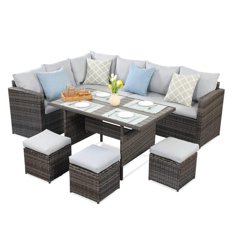 7 Piece All Weather Patio Dining Set With Cushions, Sectional Sofa, Ottomans & Table For Backyard - Gray / Brown