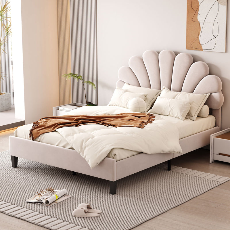 Upholstered Platform Bed With Flower Pattern Headboard
