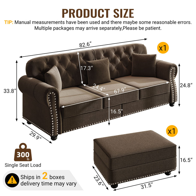 Upholstered 3 Seater Sofa Set With Ottoman